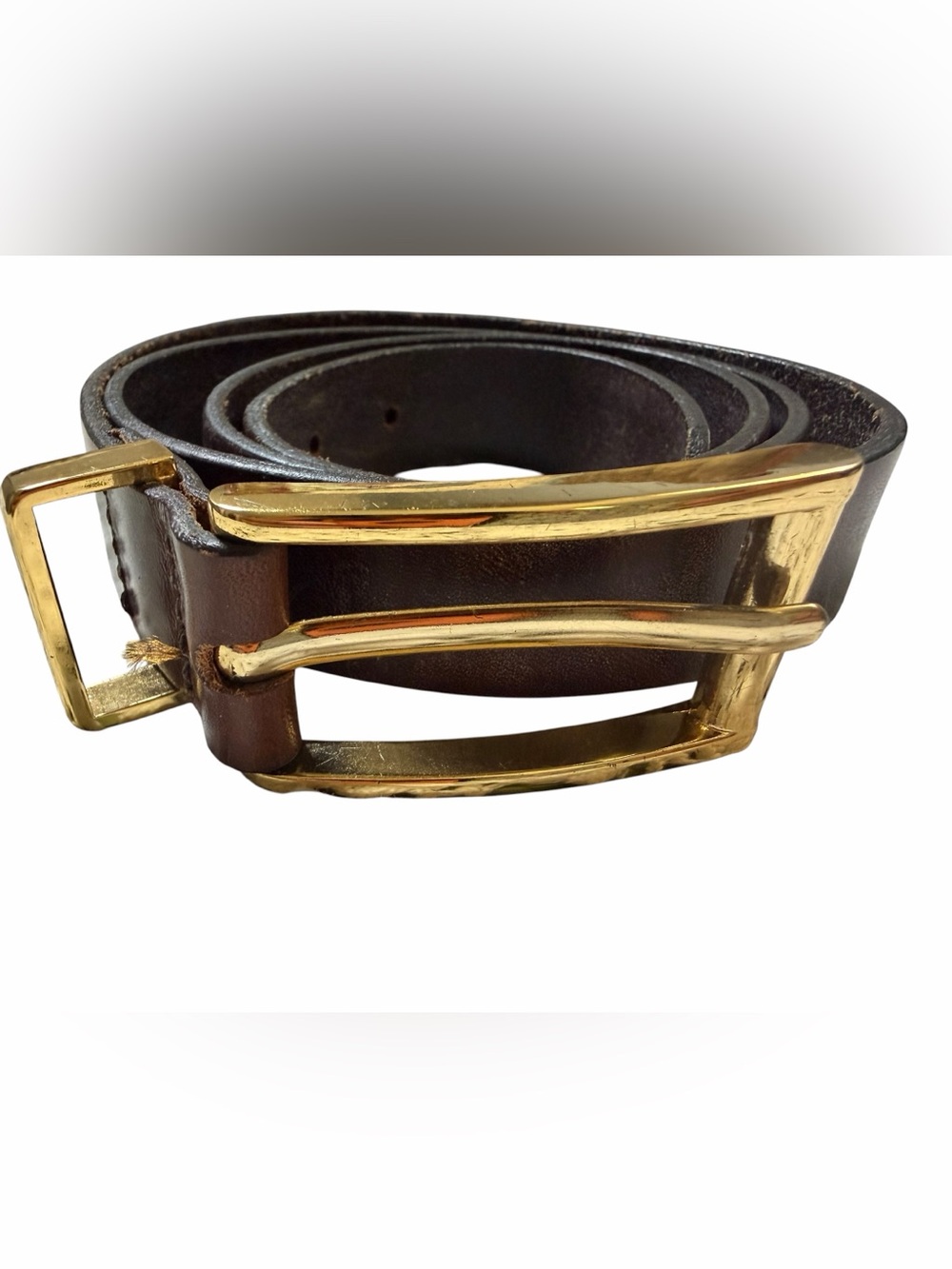 Vtg Brown Leather Belt with Gold-Tone Double Bar Buckle 43”